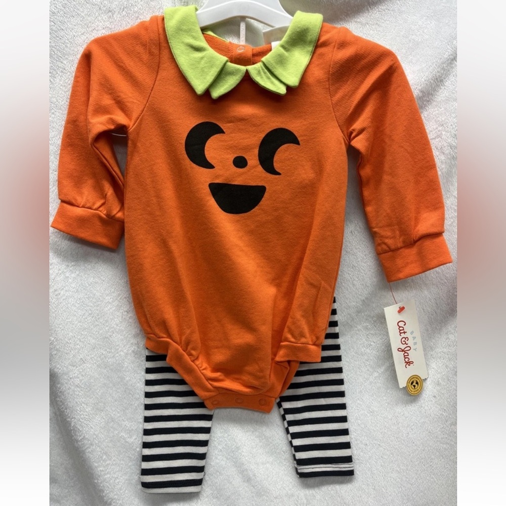 Cat & Jack Orange Pumpkin Face Onesie with Striped Leggings 12 months